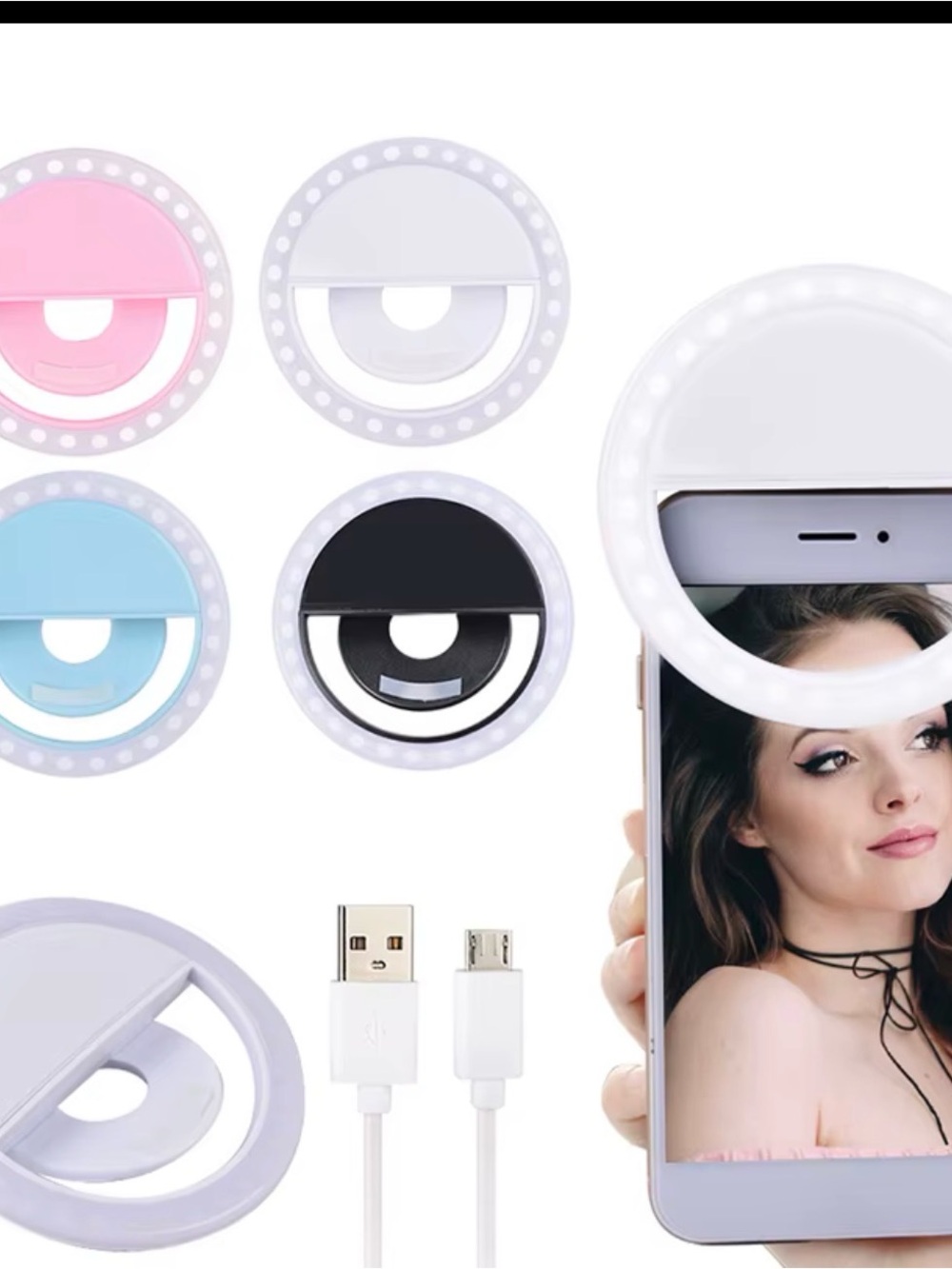 Rechargeable Clip-On Selfie Ring Light for Smartphones & Tablets - White